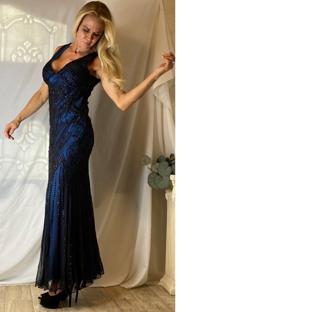 Black sheer 100% Silk over cobalt blue sheath Evening Gown by Stenay, size 12